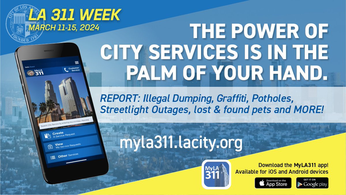 LACitySAN's tweet photo. It's #311week and we want to ensure that every #Angeleno knows about @lacity's @MyLA311 app and 3-1-1 Call Center. It's LA's one stop shop for service requests and questions.
What #service do you most often request?
https://t.co/2ZpebePPHN
#311 #LA311week #customerservice #LA https://t.co/GarbZte6gW