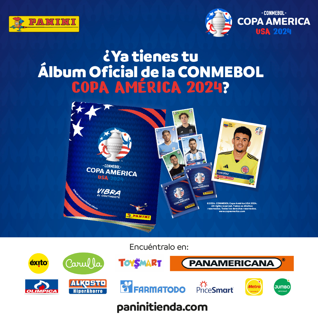 PaniniCol's tweet photo. ¿No alcanzaste a reclamar tu álbum oficial de la CONMEBOL Copa América 2024 en nuestro #PaniniWeekend? 😍⚽ Ya puedes adquirirlo junto con las monitas, en nuestros puntos de venta autorizados. ¡Cómpralo hoy mismo!🤩💡 https://t.co/q4LtW2YIsm