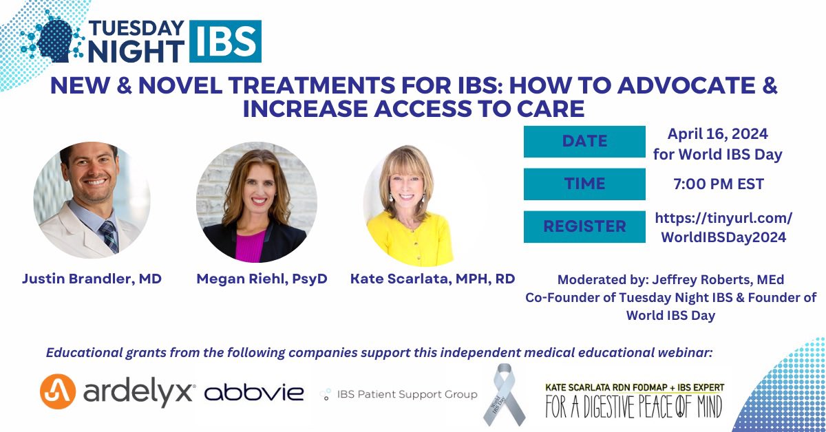 Are you ready to join us for our annual World IBS Day webinar?! We are thrilled to welcome @JBrandlerMD @DrRiehl and @KateScarlata_RD for this powerful event as we learn about treatments & how to become our own best advocates as patients & partners with HCPs! Register now 👇🏻👇🏻👇🏻