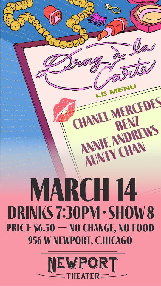 THURSDAY IS DRAG À LA CARTE!!! A NEW SHOW BY ME @auntycherrychan AND @itsannieandrews! SHOWTIME IS: 8 TICKETS: $6.50 (I still have to coin operated laundry I NEED QUARTERS 😡) NO CHANGE!!! DRAG AND SKETCH COMEDY!!! With 3 of your fave Chicago funny girls!!!