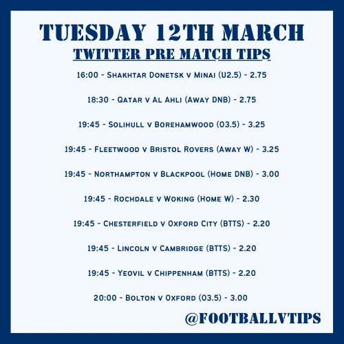 FootballVTips's tweet image. 10 free tips for tomorrow 🔎

*Stake as singles only and get the same or as close to the odds as stated. If the odds have significantly dropped, skip that bet as it doesn’t hold the same value.

Good luck 👊🏼