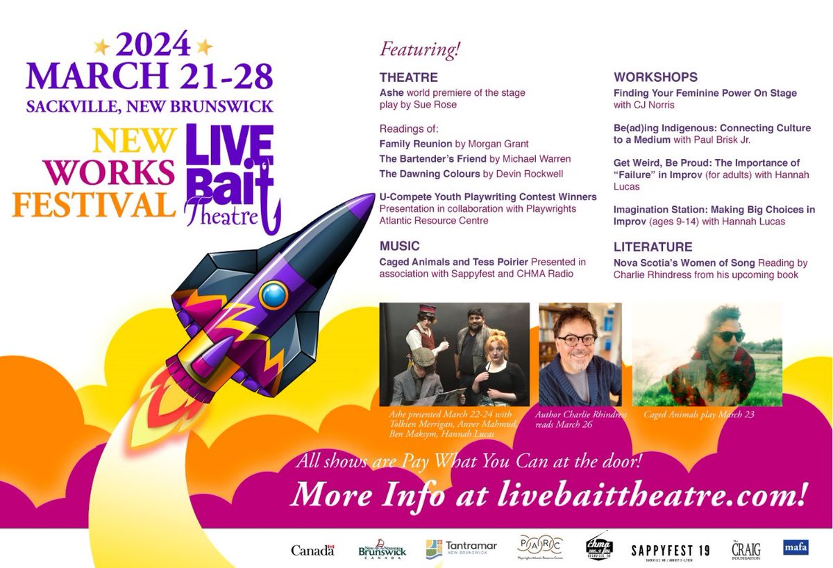 Live Bait Theatre’s edict annual NEW WORKS FESTIVAL is coming up March 21 -28. We have an amazing line up including presentation of new play “Ashe” by Sue Rose, a reading from new book by Charlie Rhindress and concert by Caged Animals. Check out livebaittheatre.com for info!