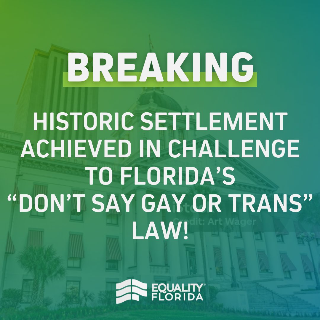 After nearly 2 years of fighting DeSantis’ ​'Don’t Say ​Gay or Trans' law in the courts, we’ve reached a historic settlement with the state that puts an end to some of the most dangerous impacts of ​this law for students, parents, & teachers. Read more: eqfl.org/historic-settl…