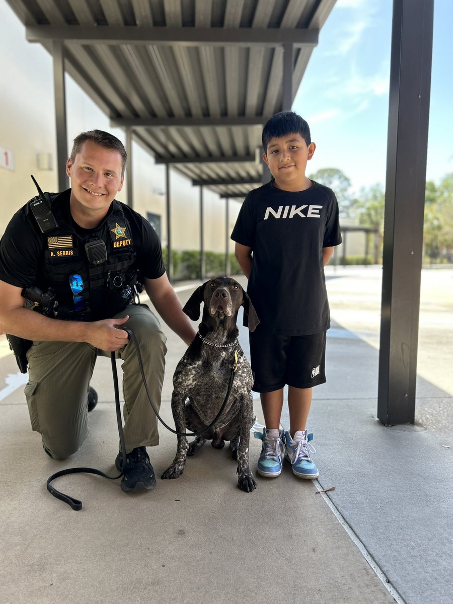 Our School Resource Deputies don’t just keep us safe - they inspire us! Deputy Andrew Sebris & his K9 Zeke met with one of our Ss who aspires to be a canine handler one day. David has learned about the requirements & education needed to be a law enforcement officer in the future!