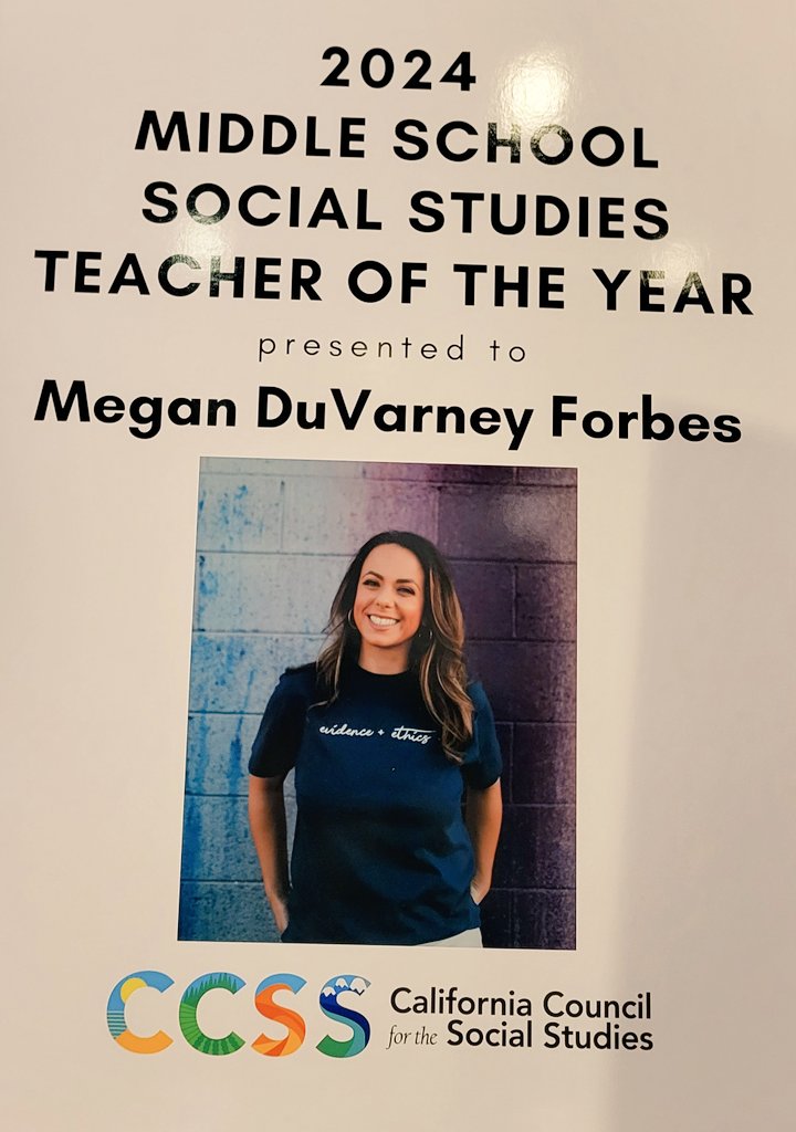 Congratulations to our very own Megan DuVarney Forbes for being our Middle School Social Studies teacher of the year! #TOY #CCSS2024 @TooCool4MS @VarneyDu @ArcadiaUnified @FirstAveMS So 🙏 to work with dedicated women & inspiring Ts #WomensHistoryMonth @CAsocialstudies