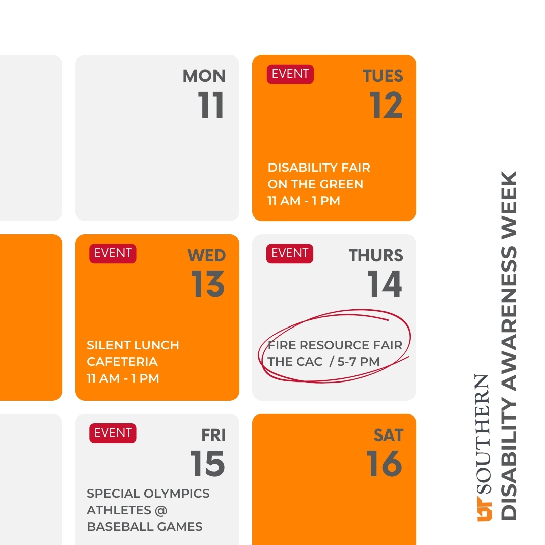 It's #DisabilityAwarenessWeek Firehawks! Take a look at this week's schedule of events and join us! #UTSouthern 😁🧡