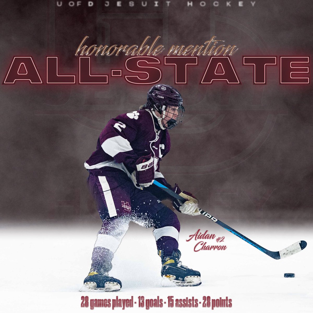 Congratulations to <a href="/UDJHockey/">U of D Jesuit Hockey</a> Senior Forward Aidan Charron on being selected Honorable Mention  All State!
#AMDG