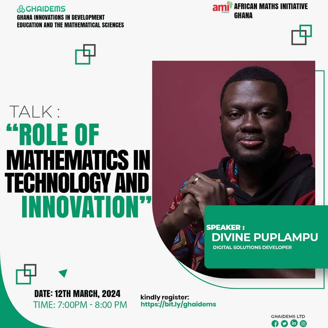 GHAIDEMS and <a href="/africanmathsgh/">African Maths Initiative Ghana</a>  present the second of a three-day webinar series to celebrate the International Day of Mathematics (IDM 2024).

Please secure your spot by registering below *if you have not already registered for the first webinar*:

forms.gle/sQDCKpkhB7Mg1w…