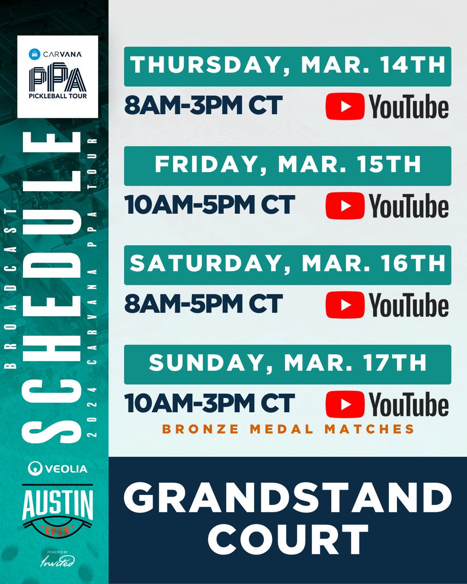 Broadcast Schedule 📺 for the 2024 Veolia Austin Open, powered by Invited🏆 

🏟️ Elevation Athletic Club
🗓️ March 14th - 17th
📺 PickleballTV.com &amp; FS2
📍 Austin, Texas
🏆 <a href="/Veolia_NA/">Veolia | North America</a> &amp; <a href="/invitedclubs/">Invited</a> 

*A re-run will air on <a href="/FS1/">FS1</a> of Championship Sunday from 8:30-10:30pm CT
