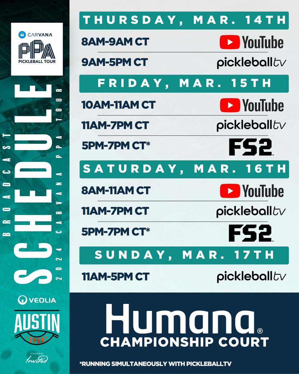 PPAtour's tweet photo. Broadcast Schedule 📺 for the 2024 Veolia Austin Open, powered by Invited🏆 

🏟️ Elevation Athletic Club
🗓️ March 14th - 17th
📺 https://t.co/KXsVS3gMQs &amp; FS2
📍 Austin, Texas
🏆 @Veolia_NA &amp; @invitedclubs 

*A re-run will air on @FS1 of Championship Sunday from 8:30-10:30pm CT https://t.co/jzVdaJG0H8
