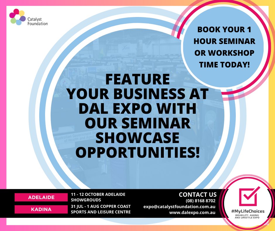 Attention all businesses!
Make yourself known in the #Disability and #AgedCare industry at the Adelaide or Kadina DAL expo. Host a seminar or workshop with us! It's your chance to connect with industry professionals. Call us for more information -(08) 8168 8702

#DALExpo #Seminar