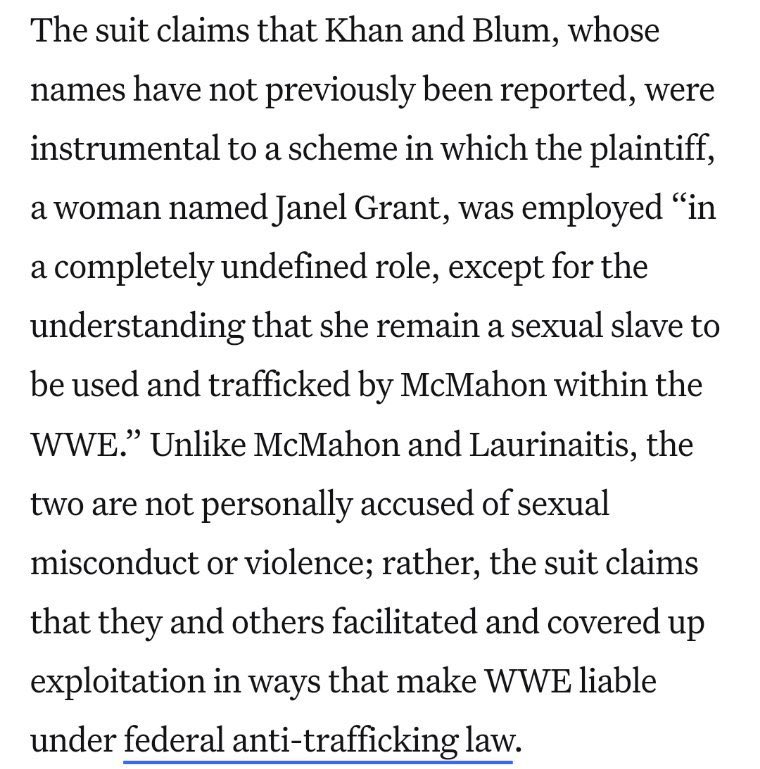 KXNGAO's tweet photo. Per Front Office Sports:

The suit against WWE claims WWE CEO Nick Khan was instrumental in facilitating and covering up the fact that Janel Grant was employed by WWE for the sole reason that she remain Vince McMahon’s “sex slave” https://t.co/oqWOOhtyoS