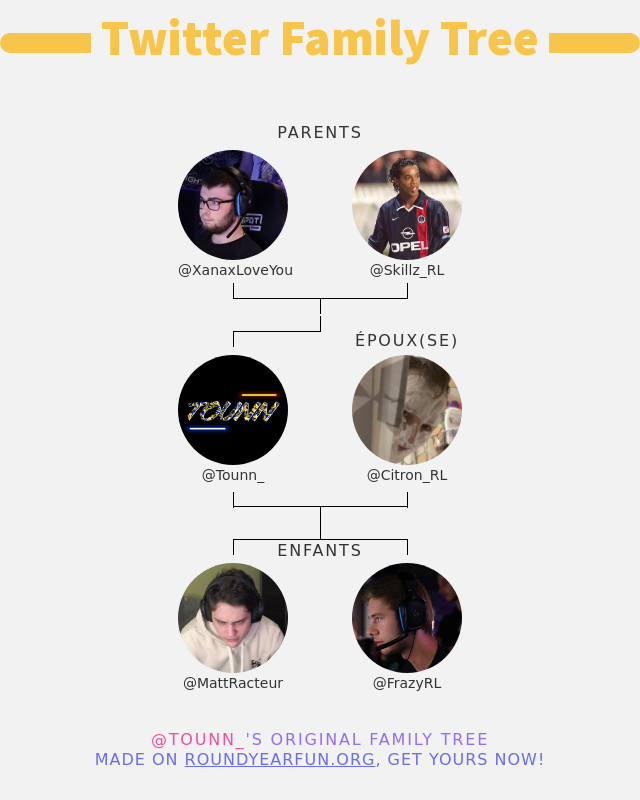 Tounn (@tounn_) on Twitter photo 👨👩👧👦 Ma Famille Twitter:
👫 Parents: <a href="/XanaxLoveYou/">Xanax love You</a> <a href="/Skillz_RL/">͛</a>
👰 Époux(se): <a href="/Citron_RL/">Citron</a>
👶 Enfants: <a href="/MattRacteur/">Mattoufik_</a> <a href="/FrazyRL/">Frazy</a>
➡️ funxgames.me/twitterfamily?… 👨👩👧👦 Ma Famille Twitter:
👫 Parents: <a href="/XanaxLoveYou/">Xanax love You</a> <a href="/Skillz_RL/">͛</a>
👰 Époux(se): <a href="/Citron_RL/">Citron</a>
👶 Enfants: <a href="/MattRacteur/">Mattoufik_</a> <a href="/FrazyRL/">Frazy</a>
➡️ funxgames.me/twitterfamily?…