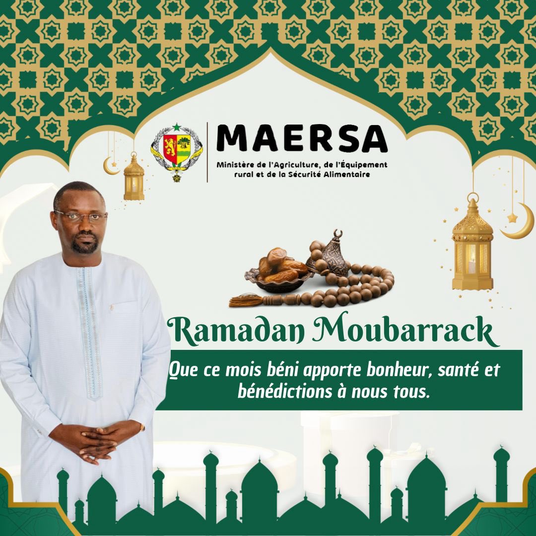 🌙🌾 Ramadan Mubarak! 🌾

En ce mois béni du Ramadan, le Ministère de l'Agriculture, de l'Équipement Rural et de la Souveraineté Alimentaire vous souhaite paix, bonheur et prospérité.

Que ce mois sacré soit une occasion de réflexion, de solidarité et de partage. Puissent nos