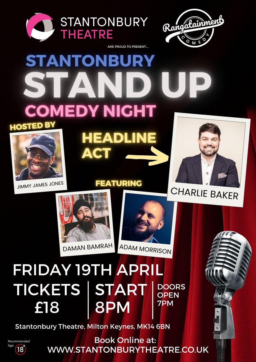 Returning once again, 'Stantonbury Stand-Up!' hits our stage! 🎙 April's line-up: Headliner: @BakersTweet Featuring @dsbamrah & @Adam___Morrison Local comedian, @JimmyJamesJones is hosting! Presented with @rangatainment Comedy! 🎟 stantonburytheatre.ticketsolve.com/ticketbooth/sh… 📅 Fri 19 Apr 🕗 8pm