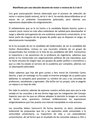 JorgeMelguizo's tweet photo. Manifiesto por una elección decente a rectora o rector de la Universidad de Antioquia. https://t.co/ZEY9bW3GTa