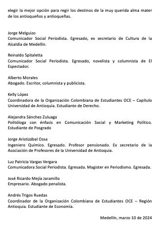 Manifiesto por una elección decente a rectora o rector de la Universidad de Antioquia.