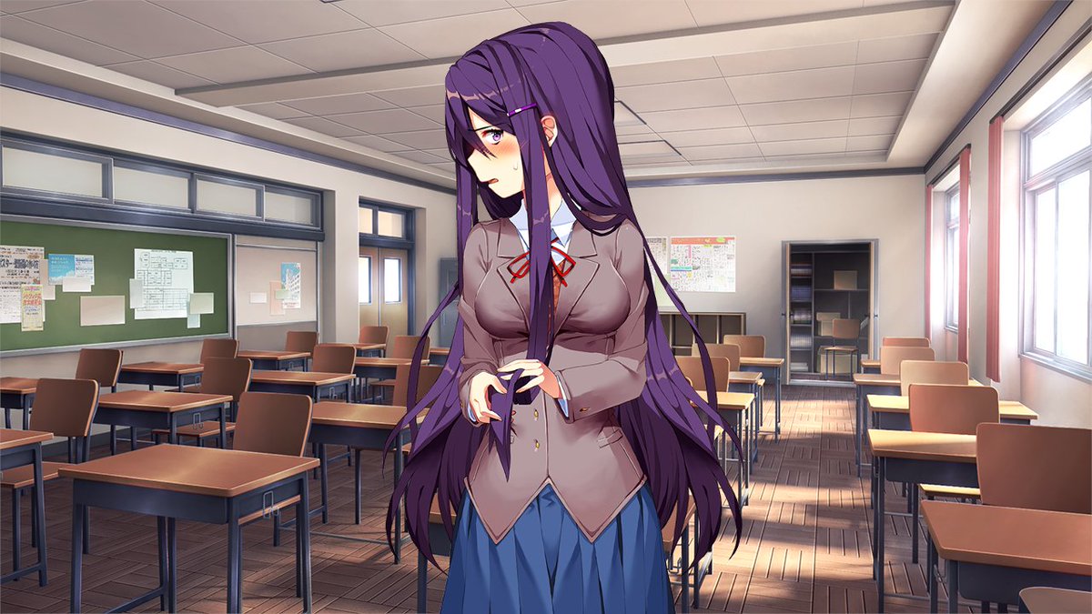 Yuri221111's tweet photo. *A normal club day started like any other, Yuri was at her desk reading, she had now just noticed you standing by her for around 5 minutes. She seems to look startled.*

"A-Ah! Oh hey... Sorry I didn't see you, I got caught up in my book... Uuuh..."

(Open RP)
#DDLCRP
#OpenRP https://t.co/Qyr4CFoblN