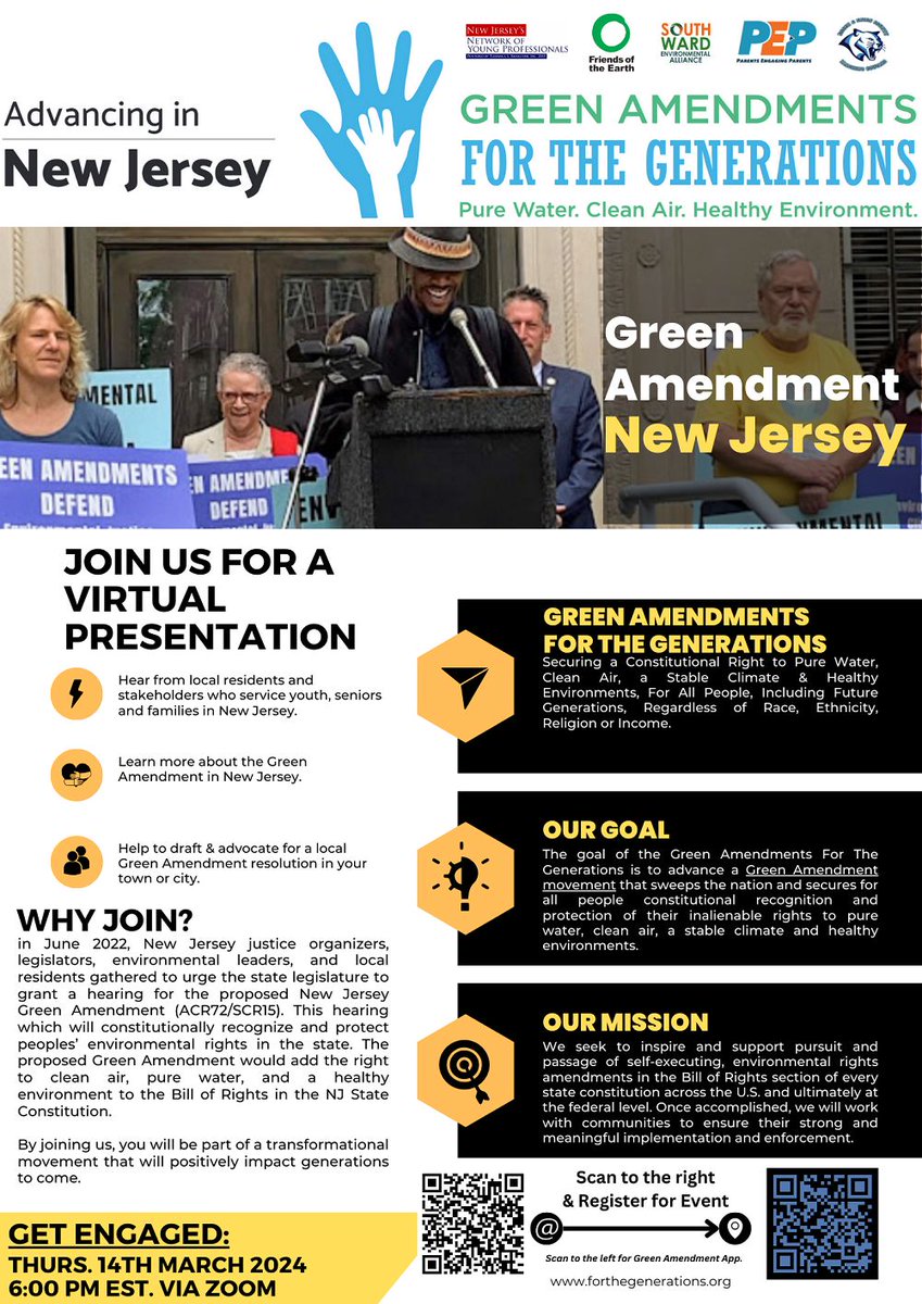 Please join us for a special presentation, Thursday, March 14, 2024, 6:00 pm ET to learn more about what #GreenAmendments can mean for environmental justice and generational protection in New Jersey! 
forms.gle/NXVr23V4x2c65S…