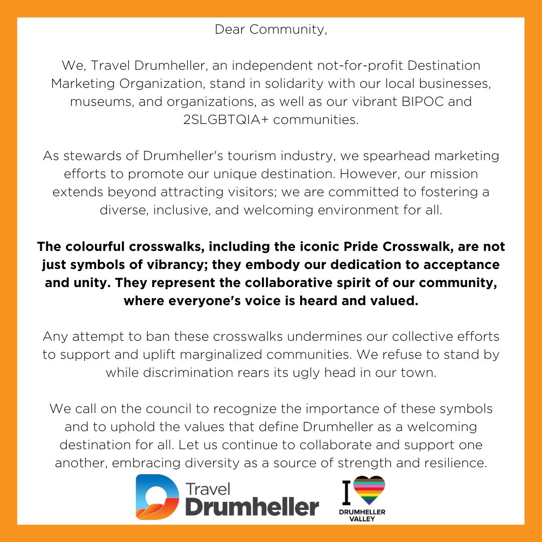 Drumheller shines bright with its diverse culture and inclusive spirit! We're urging the council to prioritize preserving our town's identity by supporting colourful crosswalks. Together, let's celebrate diversity and unity in Drumheller! #DrumhellerPride #Drumheller