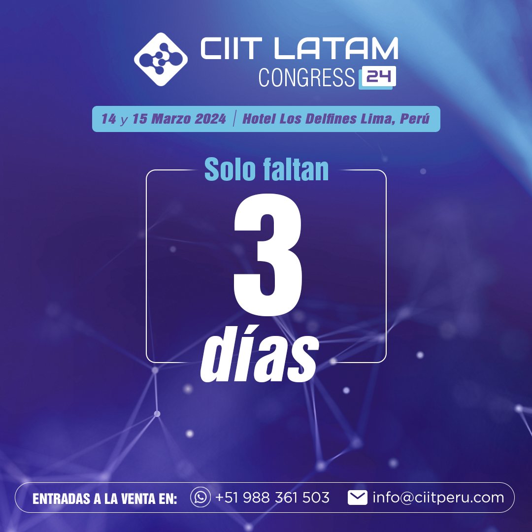 CIIT Perú (@ciitperu) on Twitter photo ¡Asegura tu lugar en el CIIT Latam Congress 2024!
A solo 3 días del evento más importante de innovación y tecnología para minería, energía e industria de Latam.
Adquiere tu entrada aquí: bit.ly/CIITLC24
📧info@ciitperu.com
📲 +51 988 361 503 ¡Asegura tu lugar en el CIIT Latam Congress 2024!
A solo 3 días del evento más importante de innovación y tecnología para minería, energía e industria de Latam.
Adquiere tu entrada aquí: bit.ly/CIITLC24
📧info@ciitperu.com
📲 +51 988 361 503