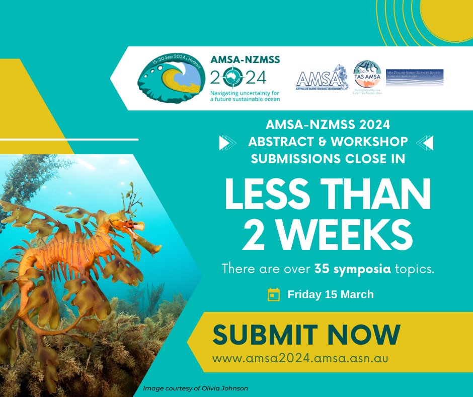 Abstract deadline for #AMSA2024 is this week!! ‼️ I am convening a session on "Multiscale Ocean interactions and their role in tracer transport" and very excited to see all the interesting stuff you guys are doing!  <a href="/amsa_marine/">Australian Marine Sciences Association</a>