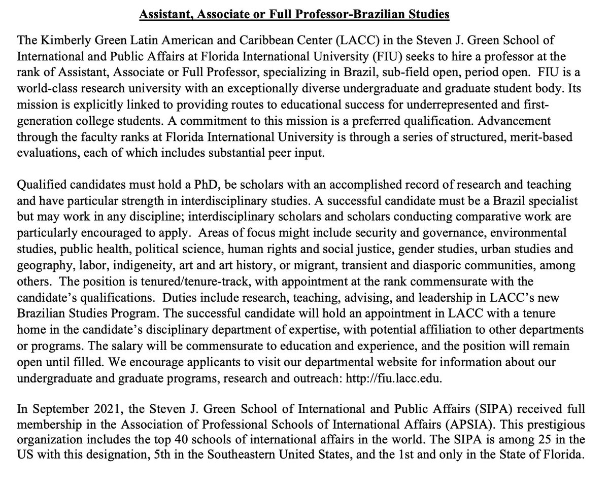 Please spread the word! @FIULACC is hiring in Brazilian Studies! Open rank, sub-field is open. Florida International University is located in Miami FL and is an amazing place and space to work in. ❤️🥰 Our Latin American and Caribbean Center is the best!