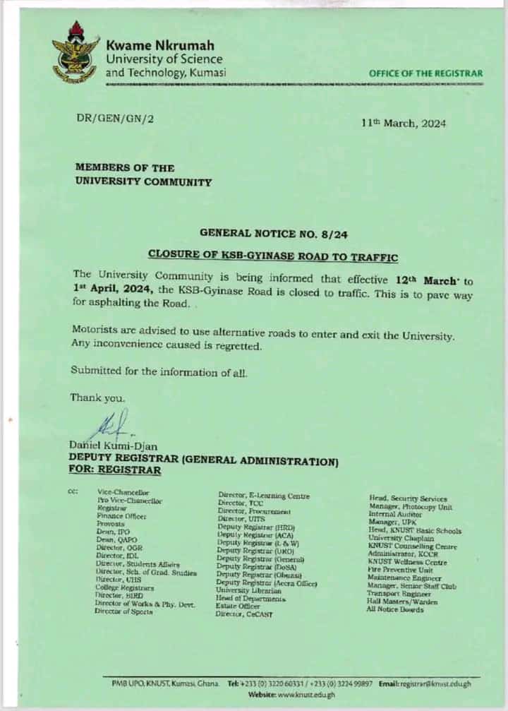 Road Closure Alert❗

The KSB-Gyinase road will be closed from tomorrow, 12th March, to 1st April 2024, for road asphalting.

Plan alternative routes for your activities during this period.

#KoteiGyinase #KNUST
