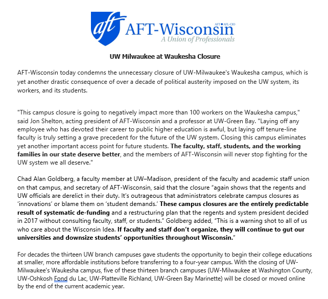 Our statement on the announced closure of UW Milwaukee at Waukesha