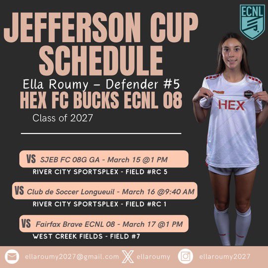 ellaroumy's tweet photo. Excited for this weekend! Going to @jeffersoncup girls showcase in Richmond! Please come out and see our team play! Here’s my schedule⬇️
@ECNLgirls @HEXFC23 @ImCollegeSoccer @ImYouthSoccer @SoccerMomInt @TheSoccerWire @TopDrawerSoccer @PrepSoccer @WSOCRecruits https://t.co/p4a7qxIZ6X