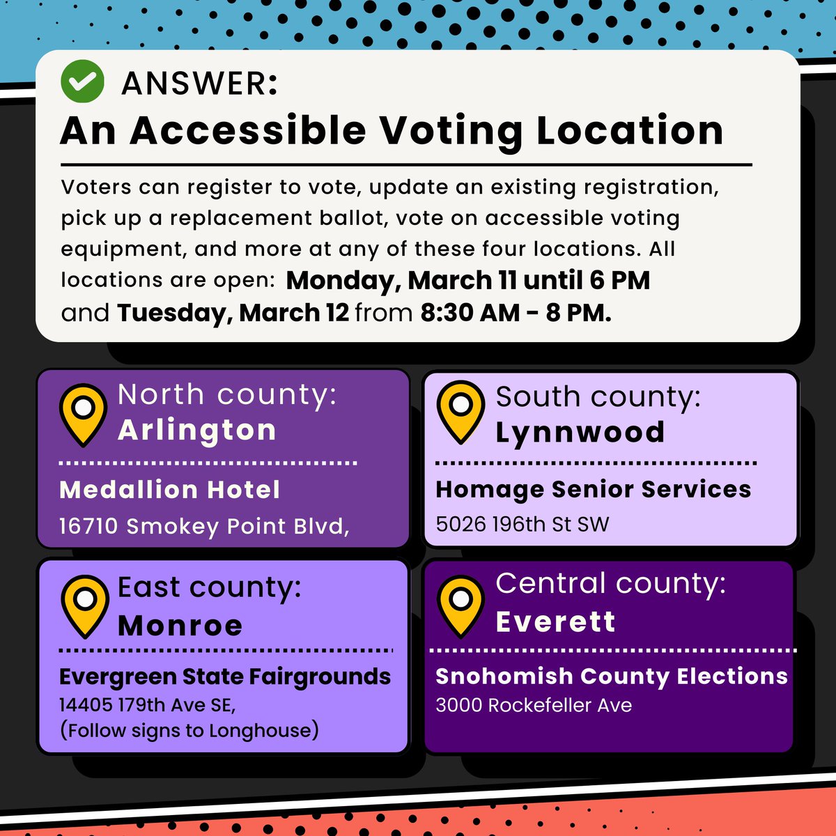 The March 12 Presidential Primary is tomorrow! ✨ If you still need to register to vote, get a replacement ballot, or use accessible voting equipment, don't delay! Visit an accessible voting location before 6 PM today, March 11, or tomorrow, March 12, between 8:30 AM and 8 PM.