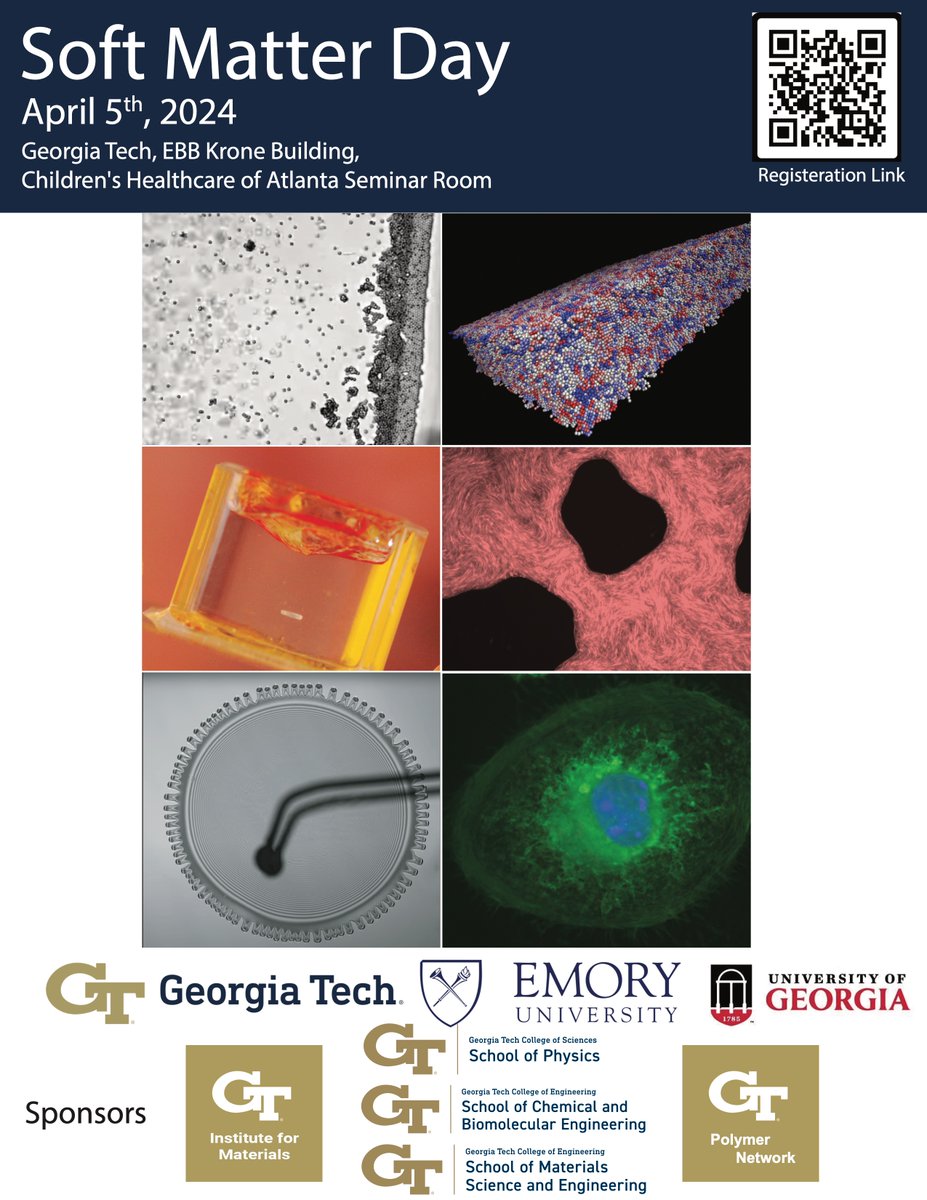 We are hosting the Soft Matter Day symposium for the Atlanta area at Georgia Tech on April 5th, 2024. Students and postdocs are encouraged to submit an abstract to present a poster. sites.gatech.edu/softmatterday2… @GTChBE @GTPhysics @GTMSE5 @Emory_Physics