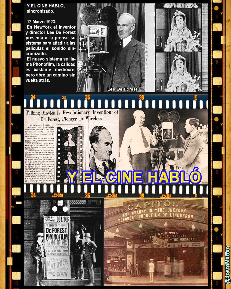 JostoMaffeo's tweet photo. 🎞️ 📽️ Y EL CINE HABLÓ
12 Marzo 1923. En #NewYork el inventor y director Lee #DeForest presenta a la prensa su sistema para añadir a las #películas el #sonido óptico sincronizado.
Se llama #Phonofilm, la calidad es mediocre, pero abre un camino sin vuelta atrás.
#cinema https://t.co/loscwPWTiM