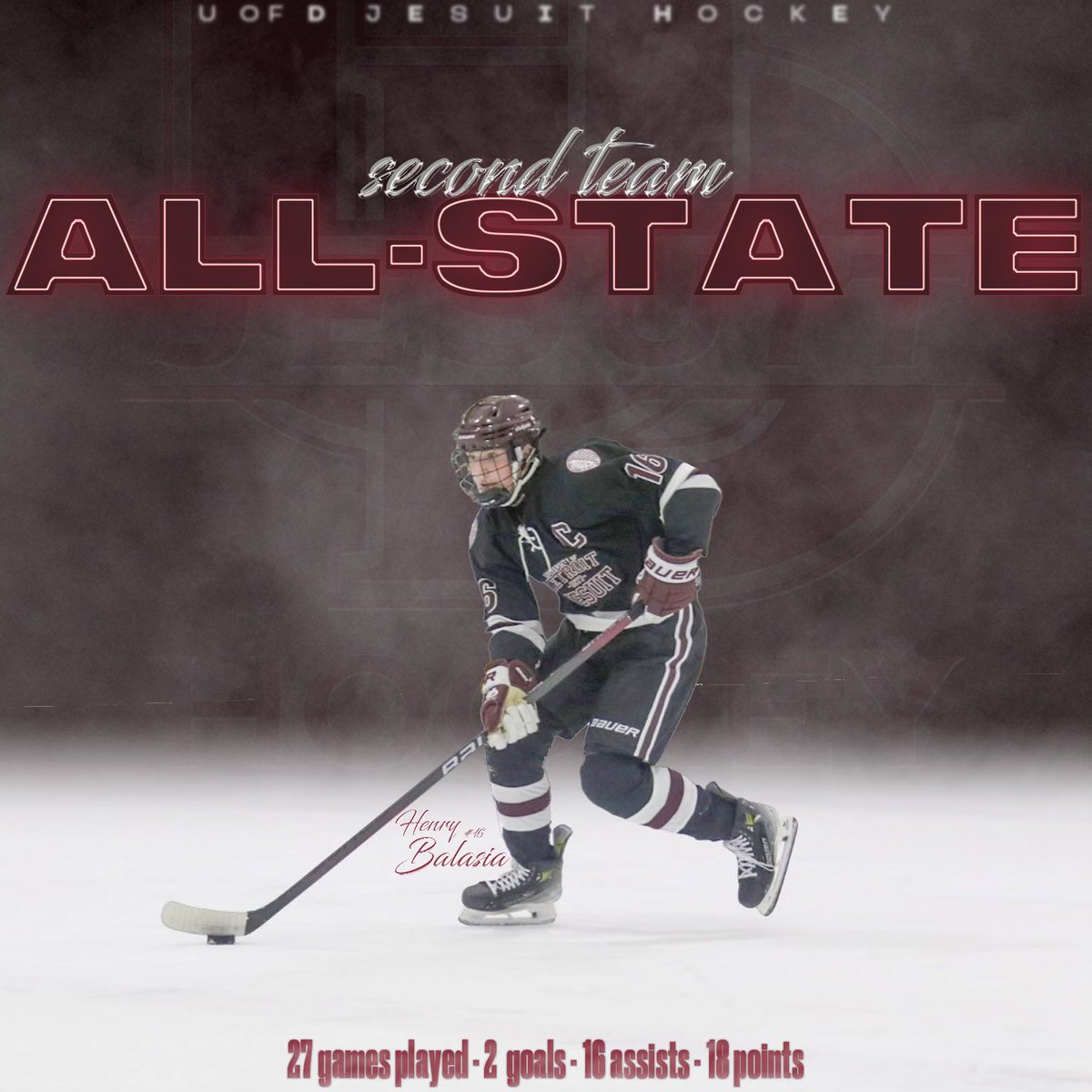 Congratulations to <a href="/UDJHockey/">U of D Jesuit Hockey</a> Senior  Defenseman Henry Balasia on being selected 2nd Team All State!
#AMDG