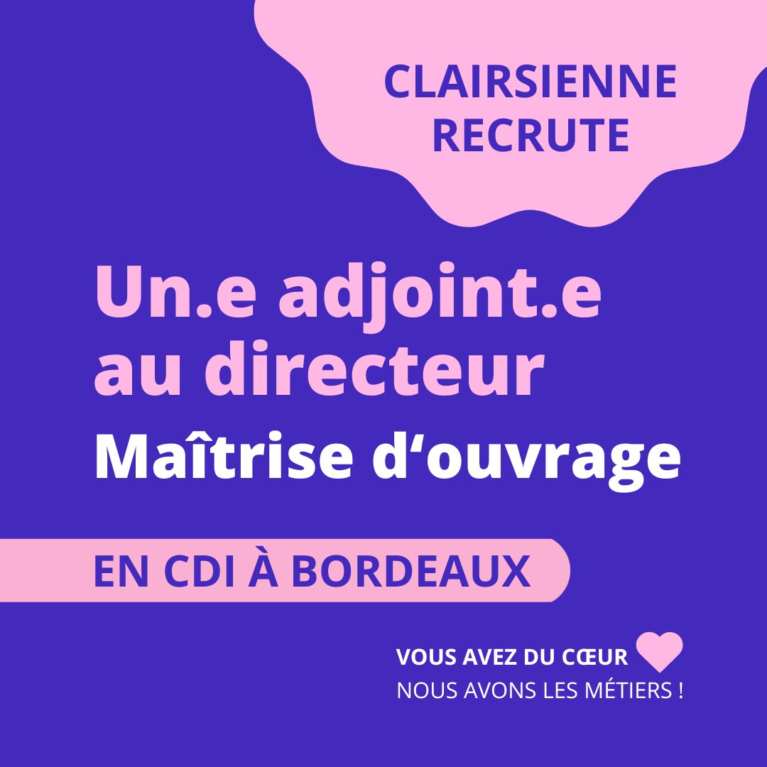 #Emploi |📢 @clairsienne recrute un.e adjoint.e au directeur de la Maîtrise d'Ouvrage en CDI à📍 #Bordeaux 👉Rejoignez-nous : bit.ly/3T6VeRR Vous avez du coeur❤️ Nous avons les métiers ! #Immobilier #LogementSocial #Recrutement @3F_Officiel @ActionLogement