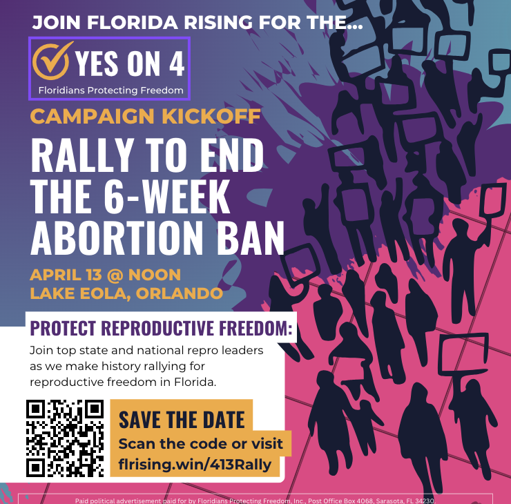 Floridians are uniting to send a clear message: STOP Florida’s 6-week abortion ban ❌ #BansOffOurBodies Join the @yes4florida campaign on April 13th in #Orlando 💜 Share with a friend + sign up here: yes4fl.com/launch #OrangeCounty #Florida #AbortionOnTheBallot