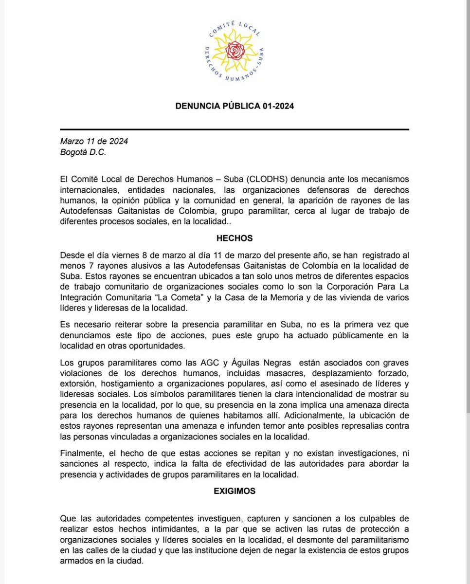 heidy_up's tweet photo. #Alerta | Desde el @CLODHS_ denuncian la aparición de graffitis de las Autodefensas Gaitanistas de Colombia (AGC) en inmediaciones al lugar de trabajo de varios procesos sociales de #Suba. Han sido reiteradas las denuncias de este tipo que hemos hecho, instamos a @SeguridadBOG a que preste atención a esta situación y a la @FiscaliaCol a que investigue.