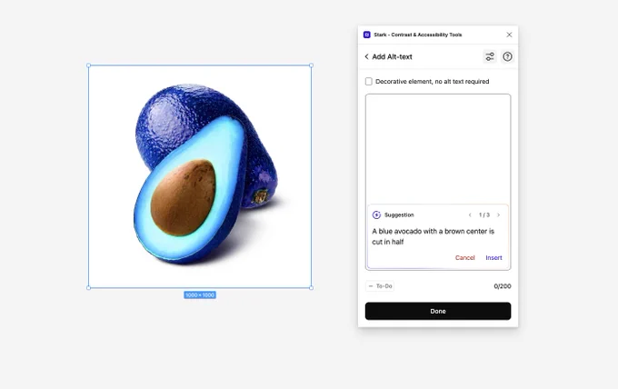 Figma interface with an image of a blue avocado and a brown pit in the center, next to the Stark interface displaying alt-text suggestions for the image in English.