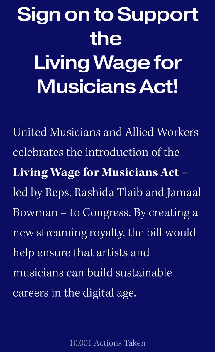 It hasn’t even been a week, and 10,000 artists, labels and music workers have already signed on to support the Living Wage for Musicians Act - add your name, join this campaign to make streaming pay! weareumaw.org/make-streaming…