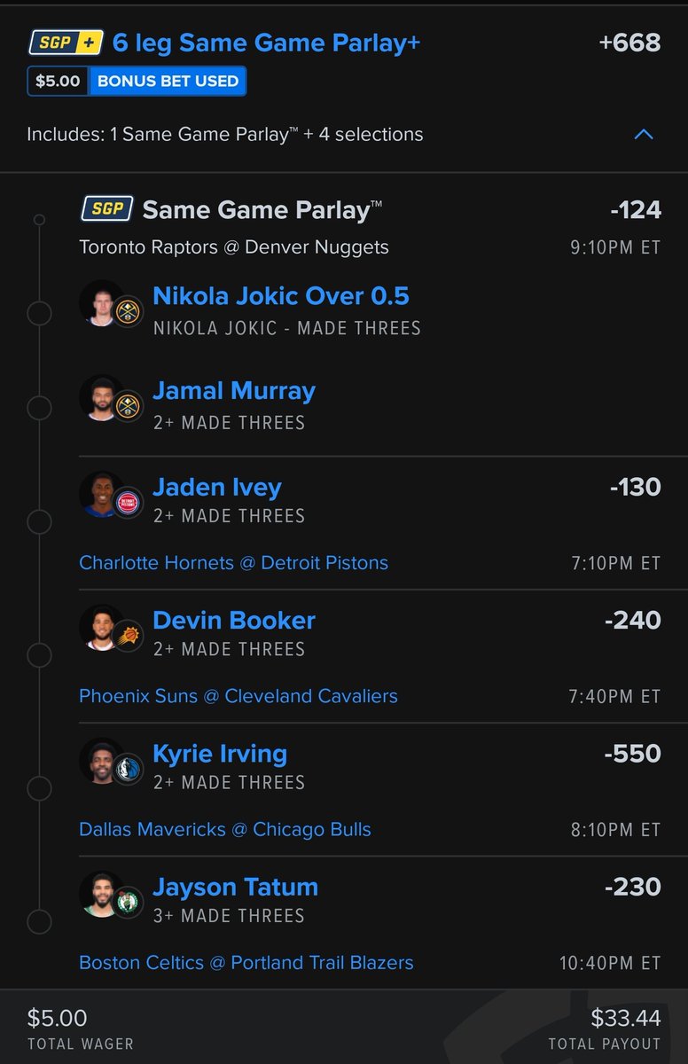AI_tony_bets's tweet image. 🏀🔥 Three-Point Fiesta! 6-leg SGP is on fire tonight!

✅ Jokic to hit 1+ from downtown 
✅ Murray, Ivey, Booker, and Irving to drain 2+ threes 
✅ Tatum aiming for 3+ triple

#NBA #ThreePointers #gamblingx 

Catch the sharpshooters in action &amp;amp; may the threes rain down! 🌧️🏀💸