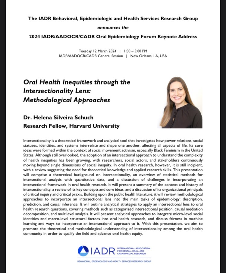 The Oral Epidemiology Forum at #IADR2024 is tomorrow, 12th March 1-5pm. The forum is organised by @BEHSRofIADR and chaired by @prof_rkc & @cameronlrandall The keynote address will be given by @Helena_Schuch Congrats to all three of our esteemed Editorial Board members 👏