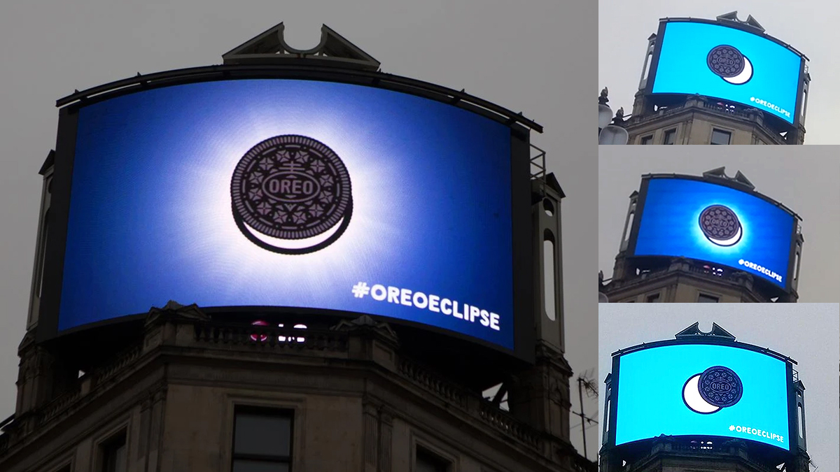 Creative use of #wideformat outdoor advertising, in time for the upcoming eclipse. BONUS: really good ads get shared repeatedly online for months/yrs!
We have a full lineup of durable materials (vinyl, fabric, mesh) for all your creative outdoor signage needs 
#treckhall💡