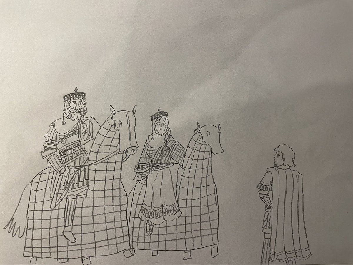 @Varangian_Tagma Basileus Nikephoros Phokas accompanied by his wife,empress Theophano meeting his nephew and strategos John Tsimiskes.The drawing is mine.