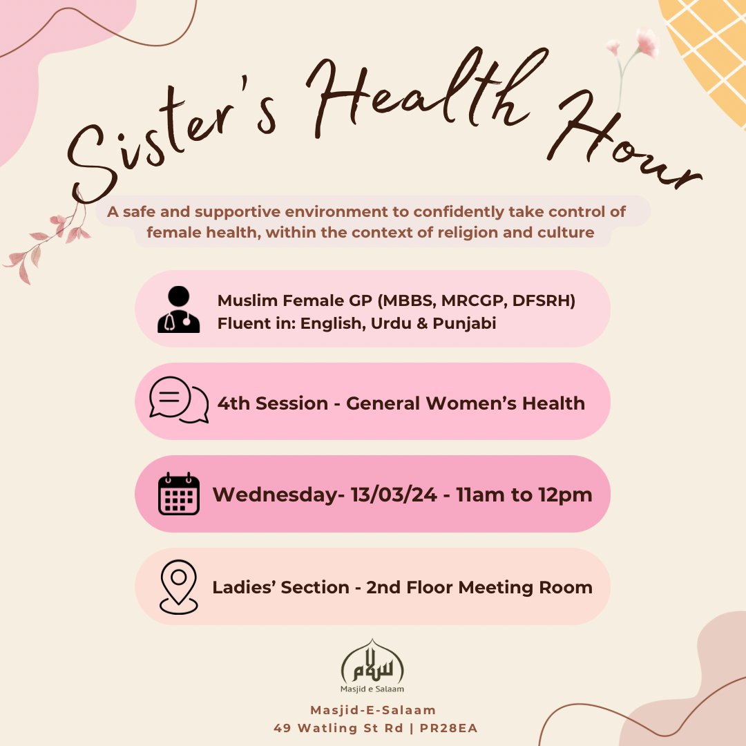 Our ‘Sisters’ Health Hour’ is back!

Make the most of this Ramadan physically, spiritually &amp; medically. 

Join our trained care navigator and other sisters this Wednesday morning, from 11am - 12pm at the Masjid Salaam ladies’ section.