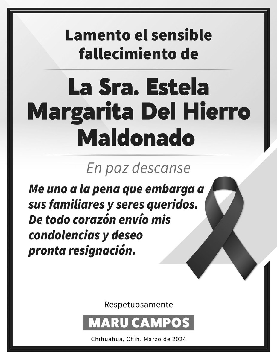 MaruCampos_G's tweet photo. Con gran dolor me uno a la pena que ocasiona la partida de la muy apreciada Sra. Estela Margarita Del Hierro Maldonado.
Su recuerdo permanecerá en nuestros corazones por siempre.

De todo corazón envío mis condolencias a todos sus familiares y seres queridos, en especial, a mi queridísima Tania Teporaca Romero del Hierro, deseo tu pronta resignación y extiendo mi apoyo incondicional en estos momentos de gran dificultad.