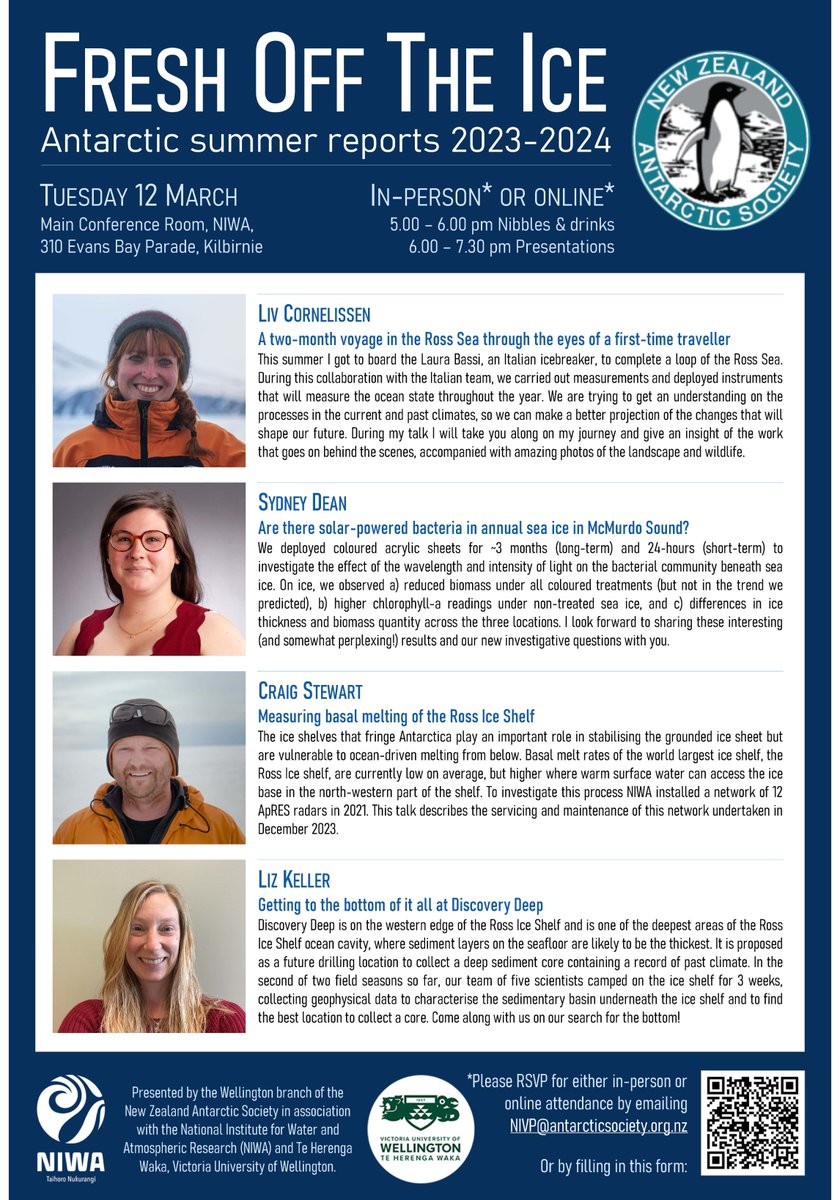 SWAIS2C's tweet image. Check out these great @nzantarcticsoc events−offered live &amp;amp; virtually!

Fresh off the ice, SWAIS2C&apos;s @Pseudorutilaria, Darcy Mandeno, @frostylindaphd &amp;amp; Jane Chewings will share their experience this past season. 

RVSP essential.

#Antarctica #SWAIS2C #HowMuchHowFast #scicomm