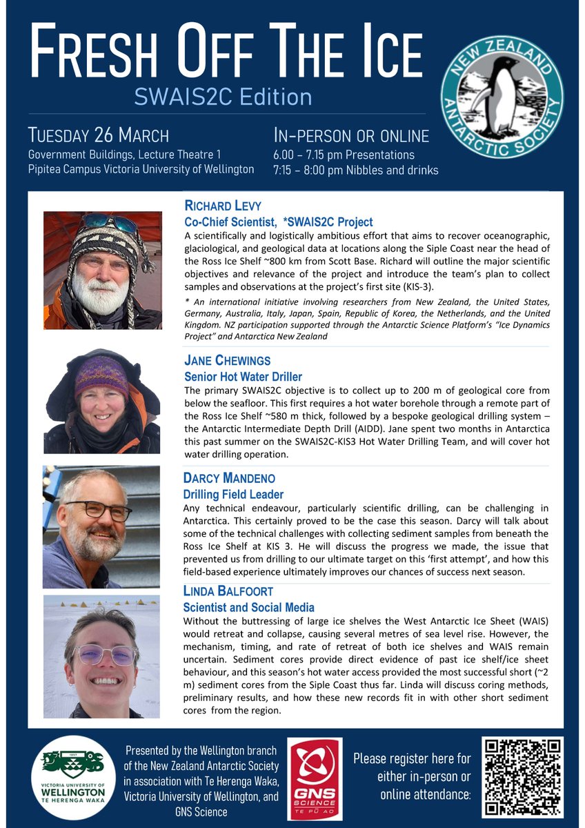 Check out these great @nzantarcticsoc events−offered live & virtually! Fresh off the ice, SWAIS2C's @Pseudorutilaria, Darcy Mandeno, @frostylindaphd & Jane Chewings will share their experience this past season. RVSP essential. #Antarctica #SWAIS2C #HowMuchHowFast #scicomm