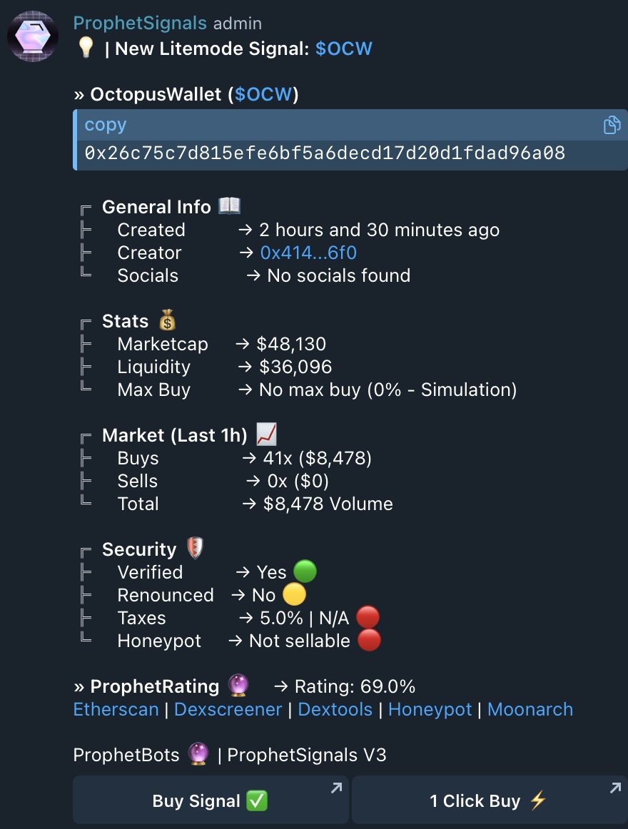 The Trading Algorithm at <a href="/ProphetBots/">ProphetBots</a> ⚠️ 

$OCW was signalled at $48.1k MC     

$OCW just hit $7.3m MC        

A 151.8x on a 0.05ETH entry...        

Returning a MAX 7.6 ETH // $30.9k USD profit.