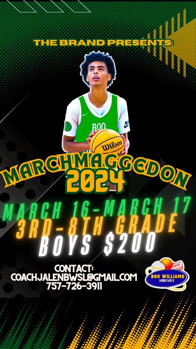 STEP INTO THE MECCA FOR THE MARCHMAGGEDON Registration deadline EXTENDED! 📆: MARCH 16-17 🏀: Boys 3rd-8th Grade 💵: $200 📍: BOO WILLIAMS SPORTSPLEX 📞: Jalen Donahoo 757-726-3911 📧: CoachJalenBWSL@gmail.com Registration: basketball.exposureevents.com/211724/2024-ma… ￼