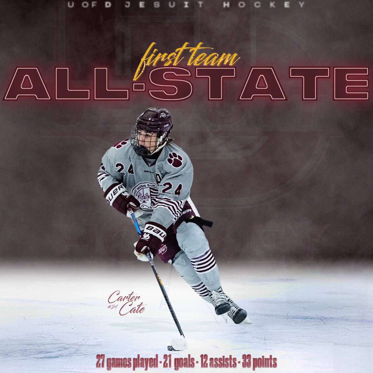 Congratulations to @UDJHockey Senior Forward Carter Cate on being selected 1at Team All State! #AMDG